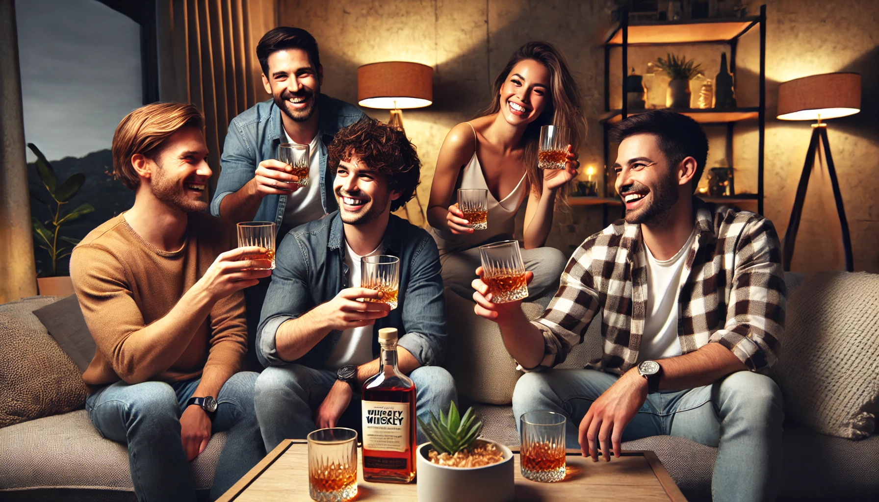 A group of friends sitting around a cozy, modern living room, joyfully celebrating and drinking whiskey made from a blend of the world's five major whiskey regions. The people are smiling, toasting with their whiskey glasses, and enjoying the moment together. Soft, warm lighting illuminates the scene, and there are whiskey bottles and glasses on a coffee table. A friendly, relaxed atmosphere with a stylish contemporary decor.