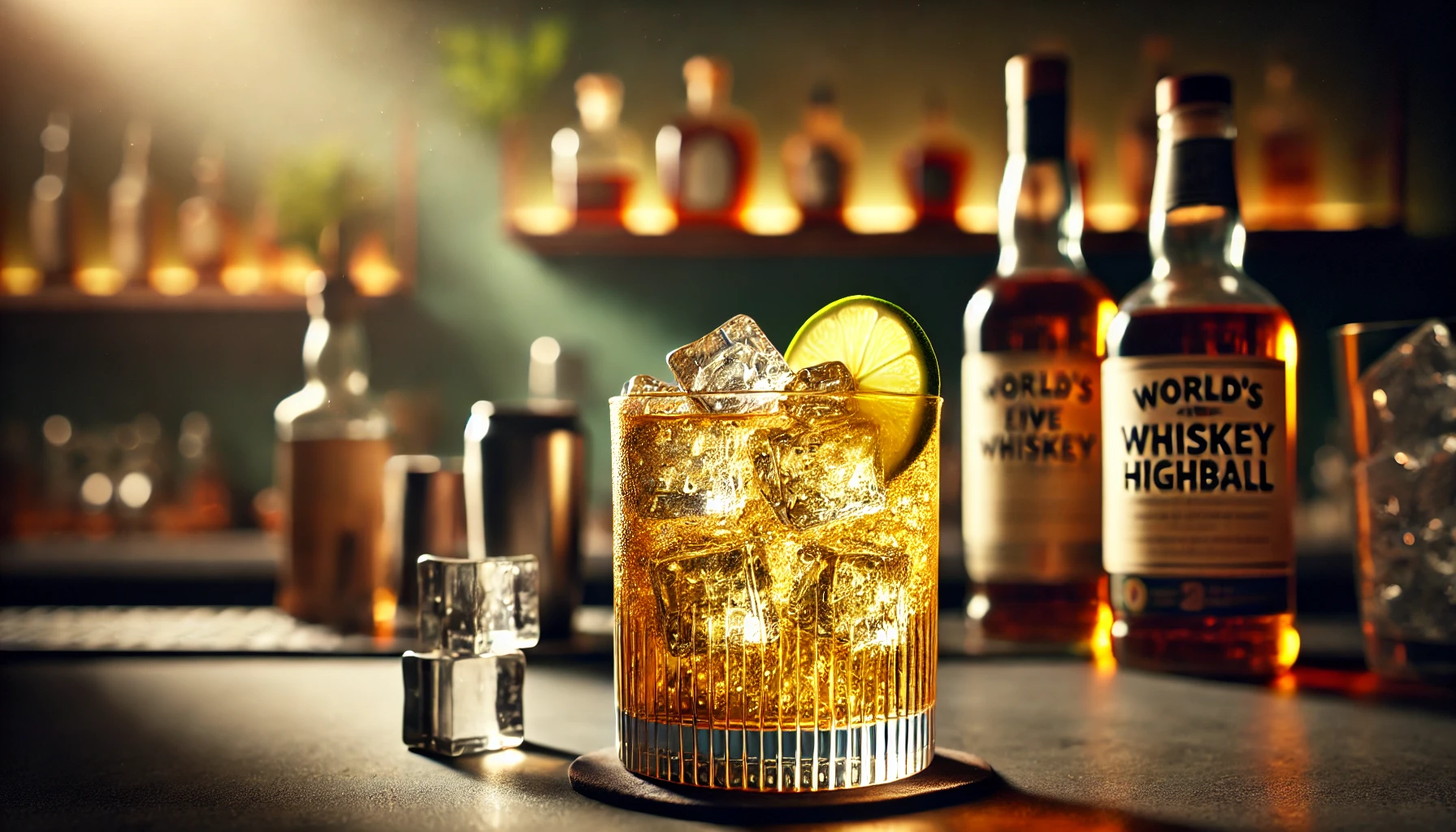 A glass of whiskey highball made with a blend of world’s five major whiskeys (Scotch, Irish, American, Canadian, Japanese), served on a stylish table. The highball has a refreshing, golden color, topped with ice cubes and a lime garnish. Soft lighting enhances the golden hue, and there are subtle background elements like whiskey bottles and soda cans in a modern, cozy bar setting.