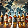 A beautiful arrangement of five whiskey bottles representing the world's five major whiskey regions: Scotch, Irish, American, Canadian, and Japanese whiskey, displayed on a sleek, dark wooden table. Each bottle has unique labels reflecting its origin, with soft lighting highlighting the textures of the bottles and a subtle background of world maps behind them, showing the whiskey regions.