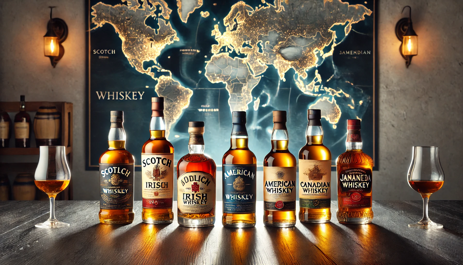 A beautiful arrangement of five whiskey bottles representing the world's five major whiskey regions: Scotch, Irish, American, Canadian, and Japanese whiskey, displayed on a sleek, dark wooden table. Each bottle has unique labels reflecting its origin, with soft lighting highlighting the textures of the bottles and a subtle background of world maps behind them, showing the whiskey regions.