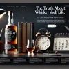 A clean and modern webpage design titled 'The Truth About Whiskey Shelf Life,' featuring an elegant whiskey bottle, calendar, and clock icons on a dark background. The theme is sleek and informative, with the title in bold at the top and space for text. No people.