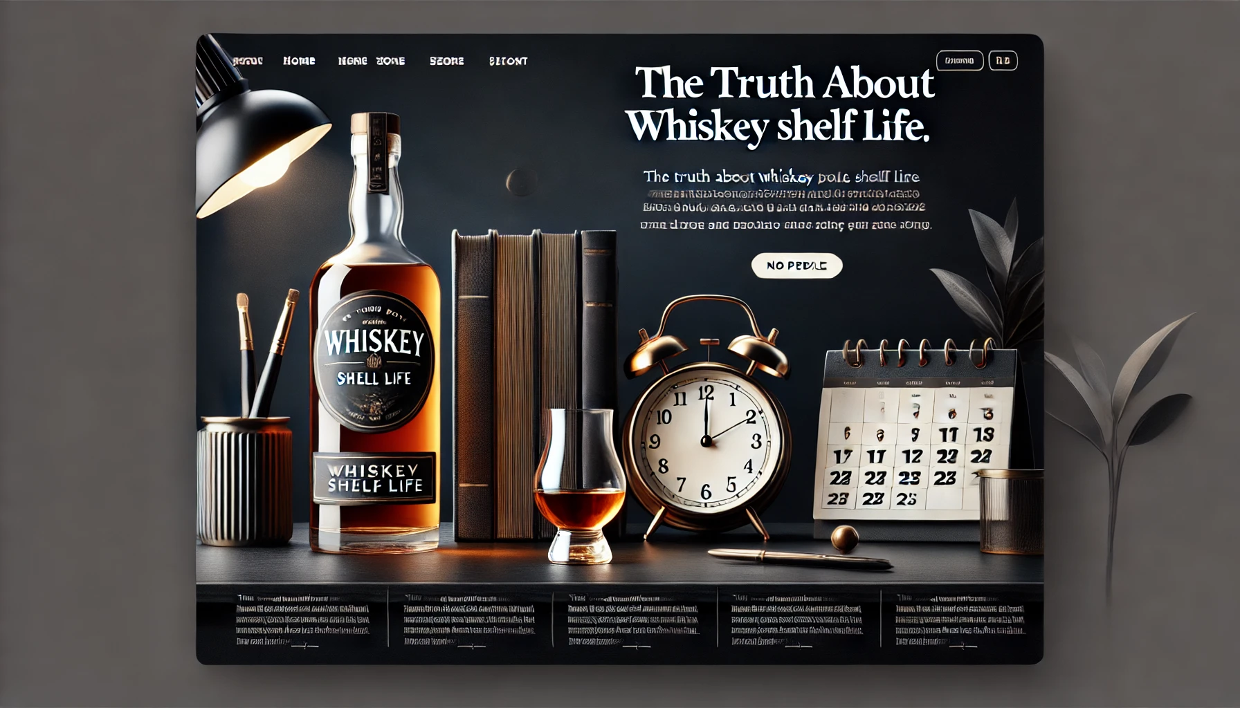 A clean and modern webpage design titled 'The Truth About Whiskey Shelf Life,' featuring an elegant whiskey bottle, calendar, and clock icons on a dark background. The theme is sleek and informative, with the title in bold at the top and space for text. No people.