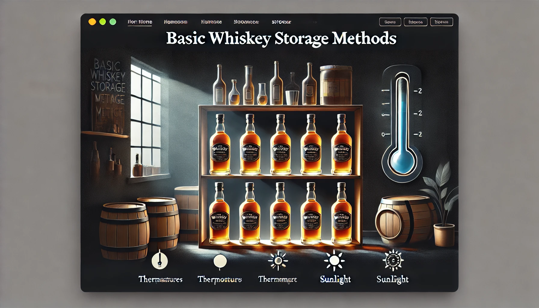 A sleek webpage design titled 'Basic Whiskey Storage Methods,' featuring an image of whiskey bottles stored on a wooden shelf in a dark, well-lit room. The background includes subtle icons of thermometers and sunlight to represent storage conditions. No people.