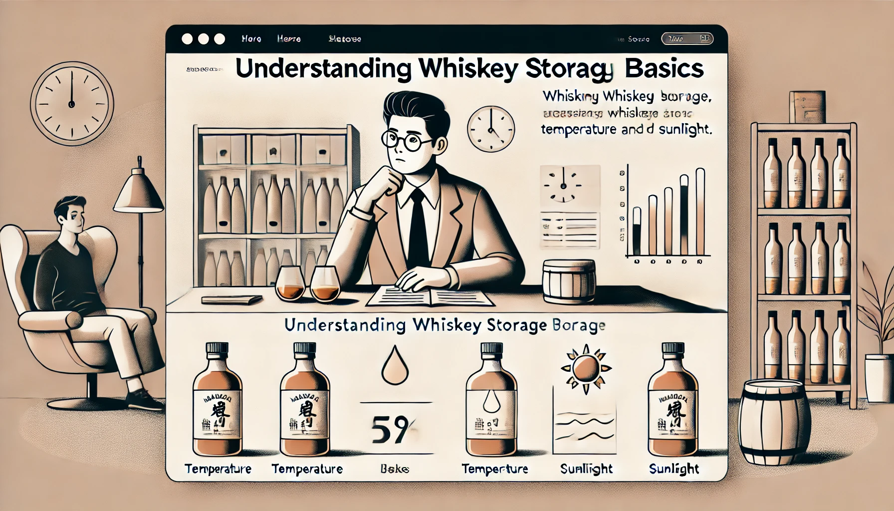 A modern and clean webpage design titled 'Understanding Whiskey Storage Basics,' featuring a Japanese man sitting at a desk, reading about whiskey storage, with whiskey bottles on a nearby shelf. The background includes icons representing temperature and sunlight. The overall tone is informative and minimalist.