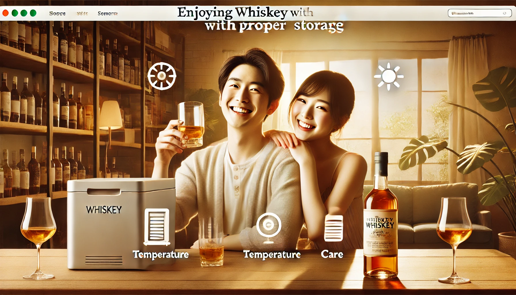 A bright and modern webpage design titled 'Enjoying Whiskey with Proper Storage,' featuring a Japanese couple happily tasting whiskey in a cozy, well-lit room. On the table are whiskey bottles, with icons subtly representing temperature and care. The overall tone is warm and celebratory.