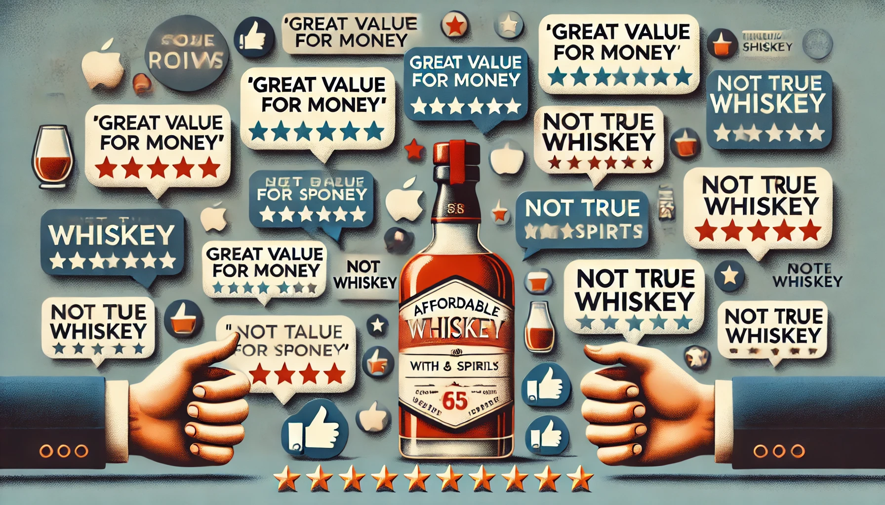 An image showcasing various reviews and opinions of an affordable whiskey with a high proportion of spirits. The reviews range from 'great value for money' to 'not true whiskey,' displayed on review boards or social media-style bubbles. The visual highlights the diverse perspectives on this whiskey, emphasizing both the positive and negative evaluations.