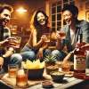 A lively scene of friends or family casually enjoying whisky together at home. The setting suggests an affordable, enjoyable whisky experience, focusing on happiness and connection. The bottle of whisky is placed on the table alongside snacks, creating a welcoming and relaxed atmosphere. The lighting is warm, and the people are laughing, toasting, or pouring drinks, capturing the sociable and budget-friendly nature of the whisky. The scene feels cozy, friendly, and authentic.