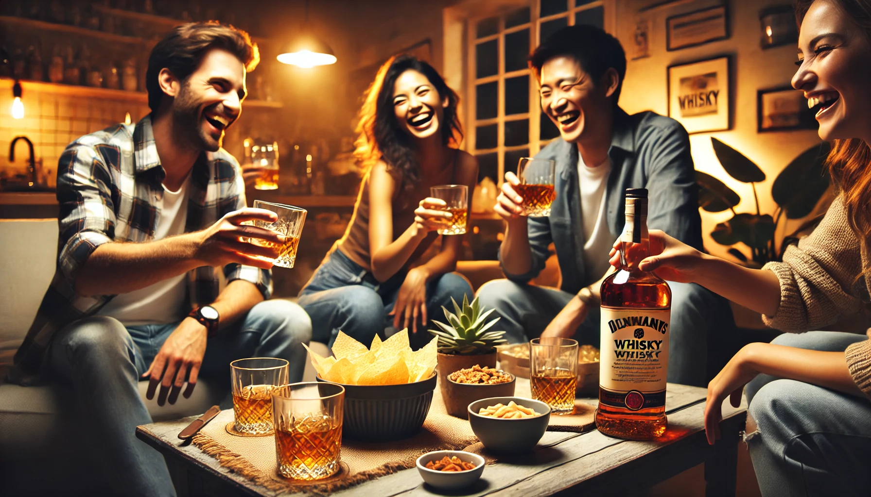 A lively scene of friends or family casually enjoying whisky together at home. The setting suggests an affordable, enjoyable whisky experience, focusing on happiness and connection. The bottle of whisky is placed on the table alongside snacks, creating a welcoming and relaxed atmosphere. The lighting is warm, and the people are laughing, toasting, or pouring drinks, capturing the sociable and budget-friendly nature of the whisky. The scene feels cozy, friendly, and authentic.