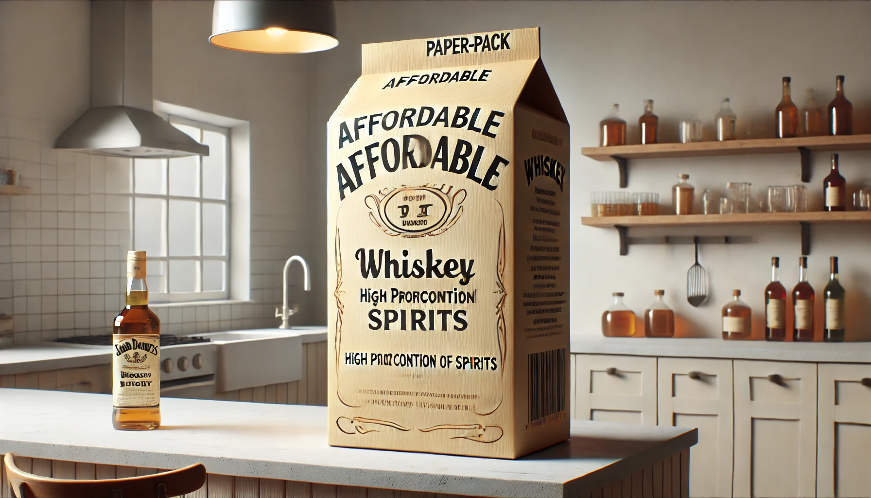 A large paper-pack of whiskey, labeled as affordable with a high proportion of spirits, positioned on a kitchen counter. The setting is modern and clean, emphasizing the convenience of the paper-pack for everyday use. Neutral tones and soft lighting are used to enhance the approachable and practical nature of the product.