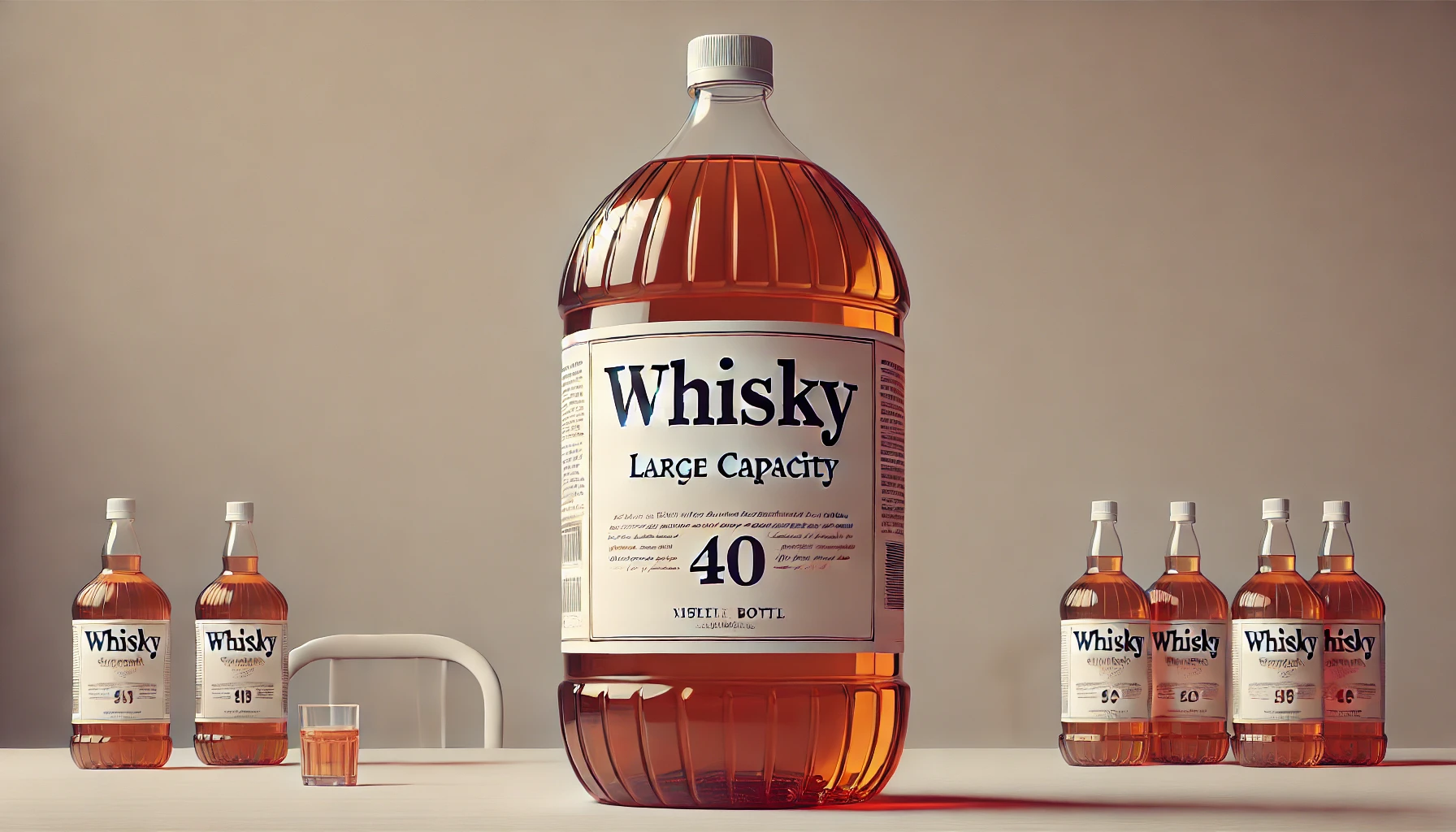 A horizontal image of a large plastic bottle (PET bottle) filled with whisky, with a simple label. The bottle is placed on a table, emphasizing its large capacity and affordability. No people are in the image.