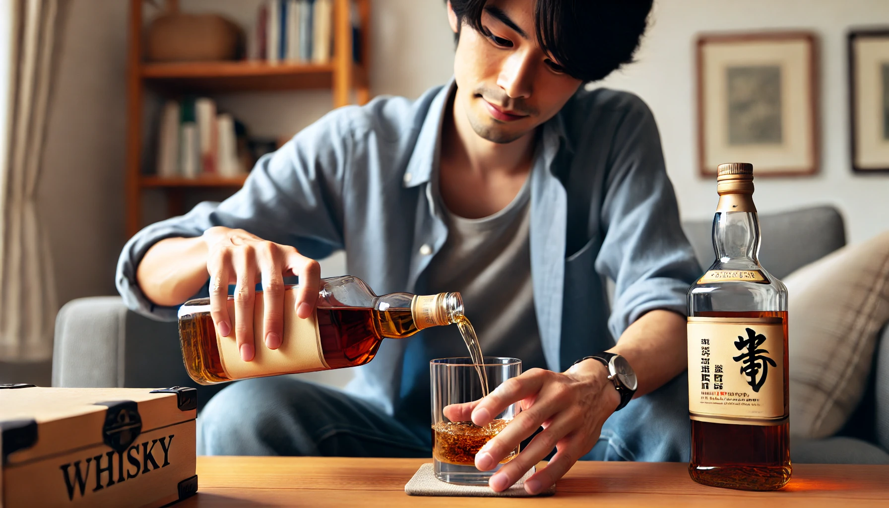 A horizontal image of a person at home pouring a glass of whisky from a bottle, set in a casual, everyday setting. The person is enjoying the whisky in a relaxed environment, suggesting regular, affordable consumption. The person is Japanese and the setting is a simple living room.