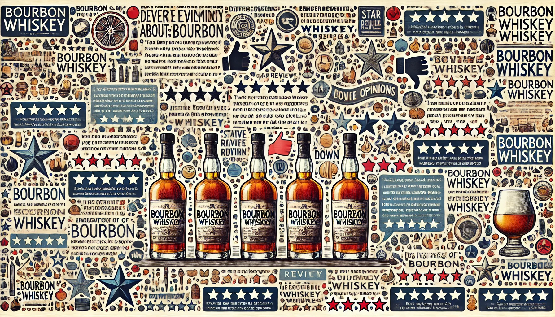 A detailed collage or visual layout of various evaluations of bourbon whiskey. The image includes a mix of text blurbs, star ratings, and icons like thumbs up and down. It reflects a balance of positive and negative reviews, showing diverse opinions about the whiskey. The background is simple, allowing the focus to be on the review elements, with some bottles of bourbon subtly displayed in the corner.