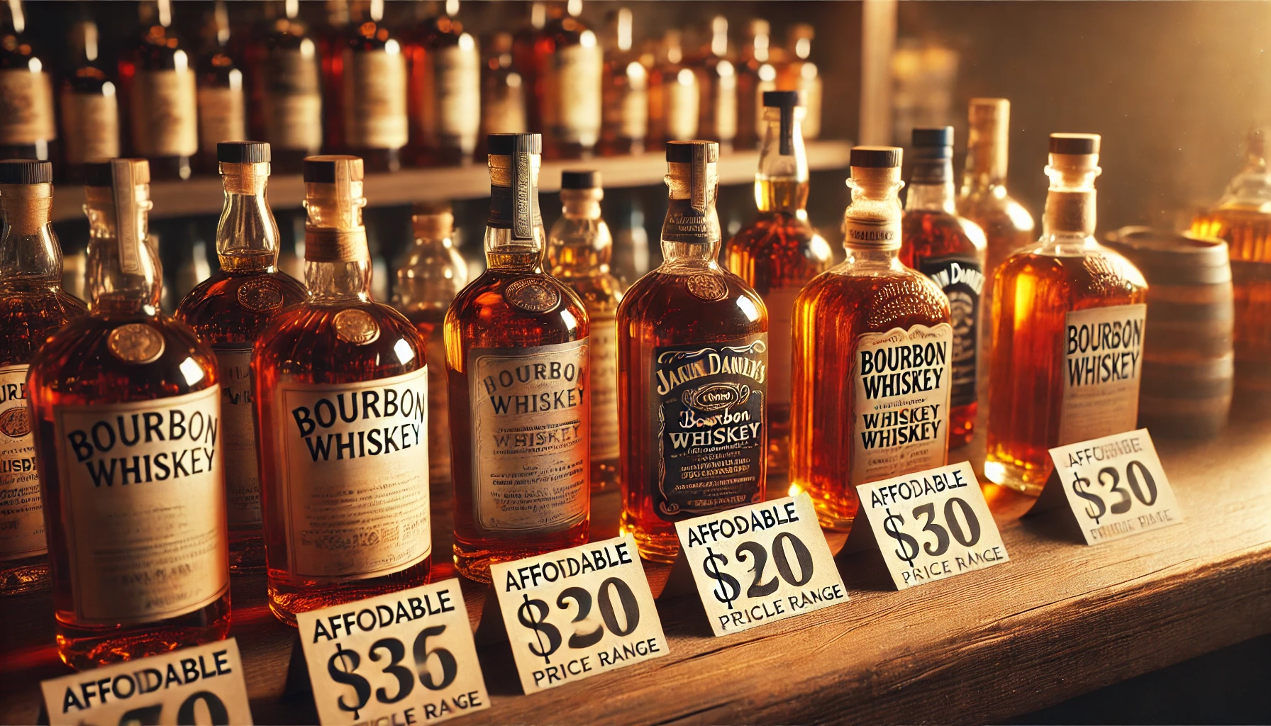 A selection of bourbon whiskey bottles displayed on a wooden counter, highlighting their affordable price range. The setting is warm and welcoming, with soft lighting that enhances the amber color of the whiskey. Some bottles have price tags indicating reasonable prices, showcasing their accessibility. The focus is on the bottles, no people are in the frame.