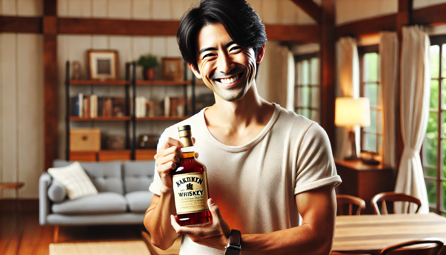 A Japanese man smiling while holding a bottle of bourbon whiskey with excitement, standing in a cozy living room. The setting is casual, and the man appears happy to have purchased an affordable whiskey. The background includes a bookshelf, a table, and some warm lighting to enhance the comfortable and relaxed atmosphere.