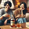 A cozy living room setting with a Japanese family casually enjoying bourbon whiskey together. The scene includes two people, a man and a woman, smiling and relaxing on the couch with whiskey glasses in hand. There is a bottle of affordable bourbon whiskey on the coffee table. The atmosphere is warm, friendly, and relaxed, with soft lighting and a homely feel.