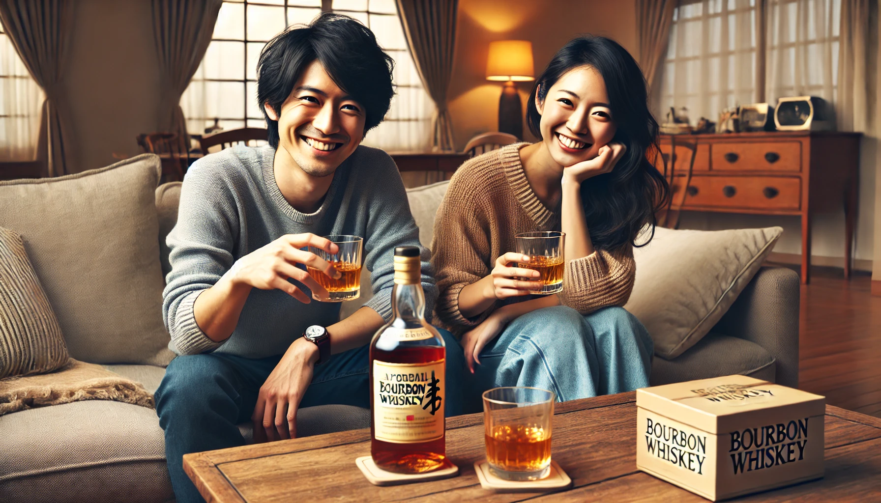 A cozy living room setting with a Japanese family casually enjoying bourbon whiskey together. The scene includes two people, a man and a woman, smiling and relaxing on the couch with whiskey glasses in hand. There is a bottle of affordable bourbon whiskey on the coffee table. The atmosphere is warm, friendly, and relaxed, with soft lighting and a homely feel.