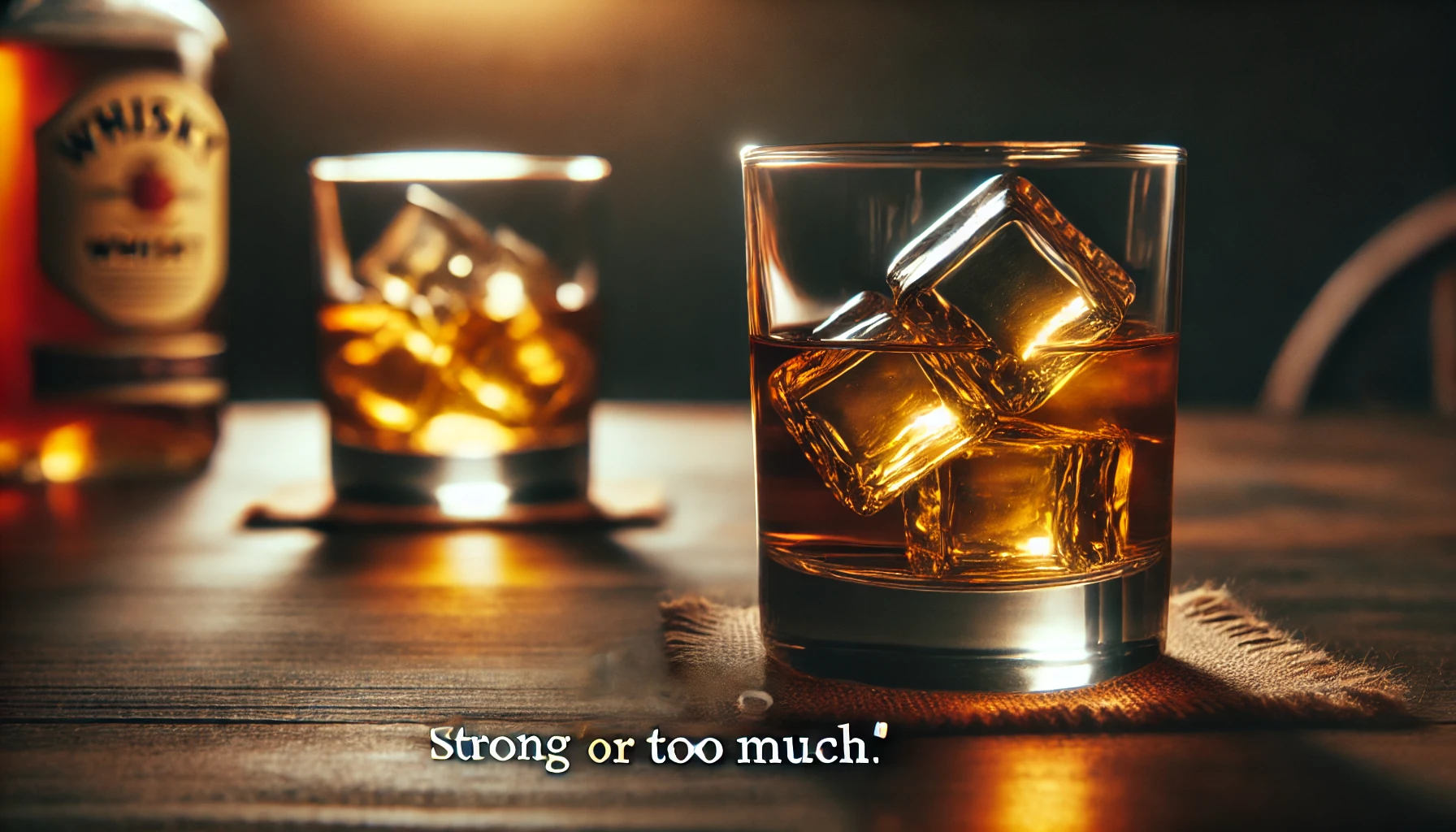 A whisky glass with ice on a wooden table, emphasizing the strong alcohol sensation. The mood is reflective, with the whisky showing an intense golden color. In the background, the lighting is warm but slightly dim, symbolizing the mixed reactions of ‘strong’ or ‘too much’. The setting suggests a quiet evening or a personal moment of contemplation. The focus is on the glass with whisky swirling inside, highlighting the contrasting opinions of ‘strong taste’ and divided evaluations.