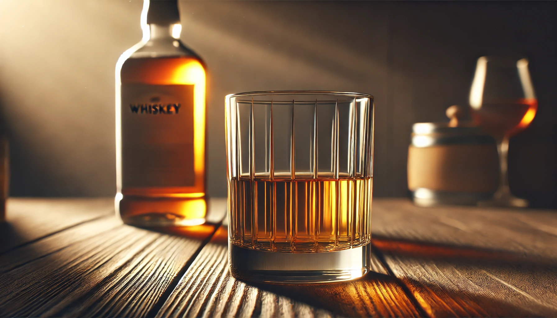 A sleek, modern image of a glass of whiskey placed on a wooden table, with soft golden lighting illuminating the liquid's amber color. The background subtly highlights its appeal to beginners and those who prefer a lighter, smoother taste. There is a faint shadow from the glass, and a bottle of whiskey is visible slightly out of focus in the background. The setting is calm and inviting, ideal for enjoying whiskey. Horizontal 16:9 aspect ratio.