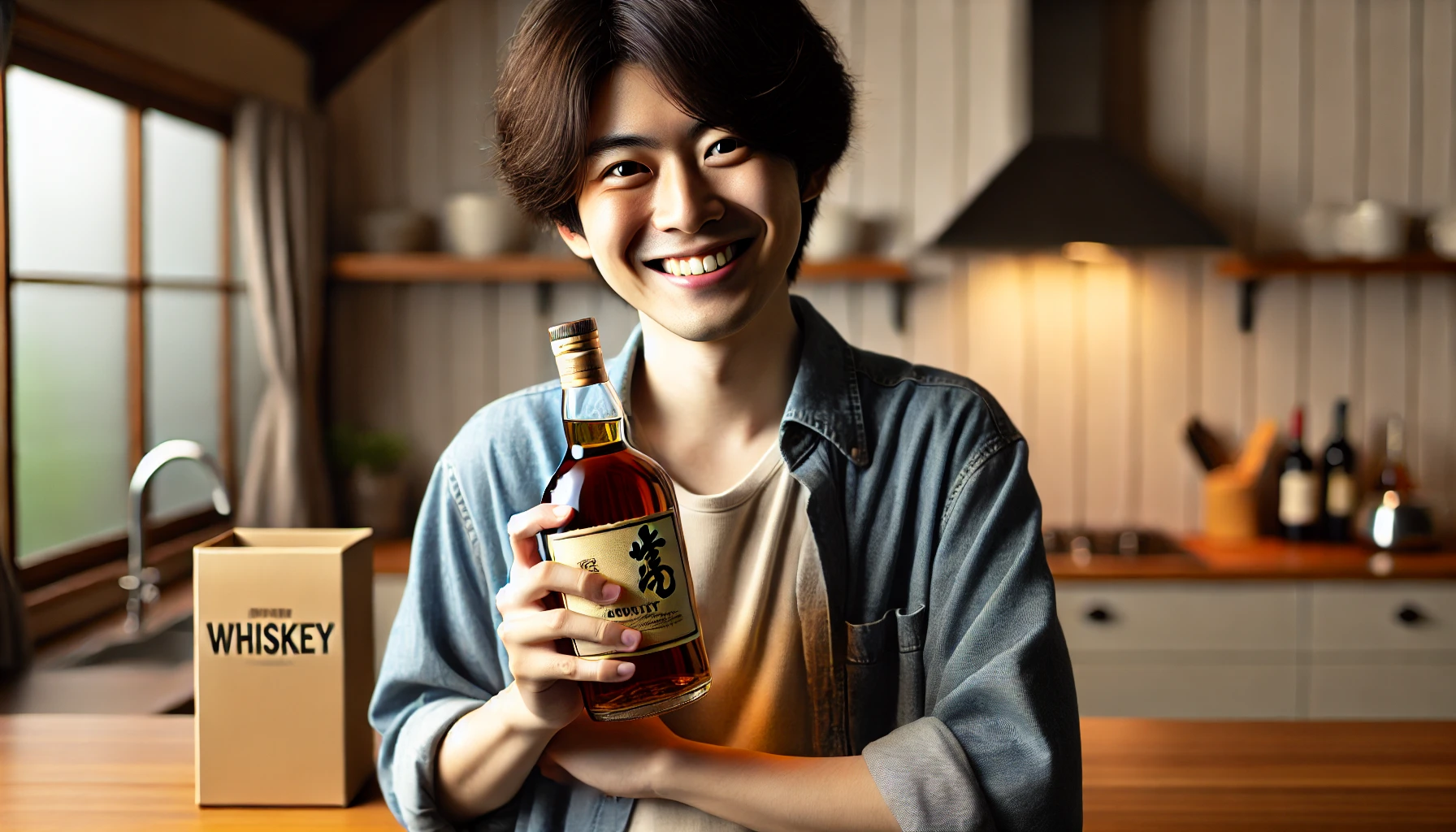 A happy Japanese person holding a newly purchased bottle of whiskey, with a content smile on their face. The background features a modern kitchen with wooden accents, softly lit, showcasing the satisfaction of obtaining the whiskey. The person is casually dressed, expressing excitement and happiness with their purchase. Horizontal 16:9 aspect ratio.