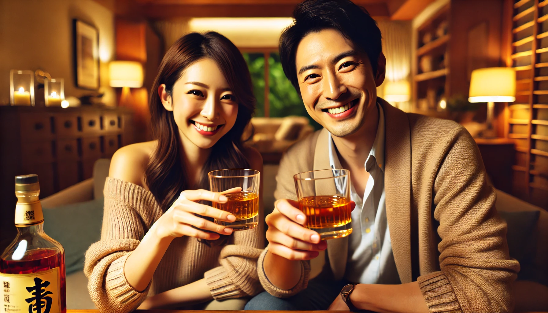 A Japanese couple enjoying whiskey together in a cozy living room setting. They are smiling and toasting with glasses of whiskey, creating a warm and inviting atmosphere. The background shows soft lighting, a comfortable sofa, and wooden accents, making the scene feel homely and relaxed. The focus is on the enjoyment of the whiskey. Horizontal 16:9 aspect ratio.