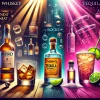 A visual representation of different ways to enjoy whiskey and tequila. On the left side, show whiskey served neat, on the rocks, and as a highball in a classy setting. On the right side, display tequila served as a shot with lime and salt, as well as in a margarita and a tequila highball in a lively, colorful atmosphere. The lighting should emphasize the contrasting drinking cultures and methods, with whiskey being more refined and relaxed, and tequila more vibrant and energetic.