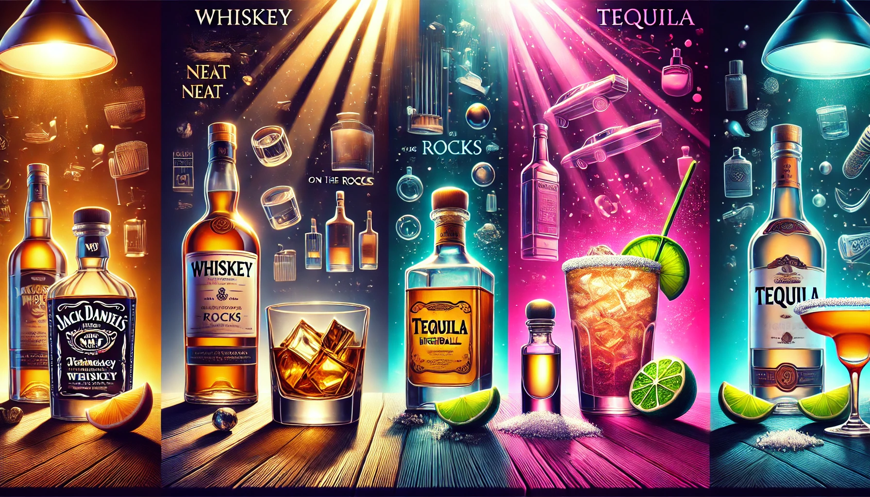 A visual representation of different ways to enjoy whiskey and tequila. On the left side, show whiskey served neat, on the rocks, and as a highball in a classy setting. On the right side, display tequila served as a shot with lime and salt, as well as in a margarita and a tequila highball in a lively, colorful atmosphere. The lighting should emphasize the contrasting drinking cultures and methods, with whiskey being more refined and relaxed, and tequila more vibrant and energetic.