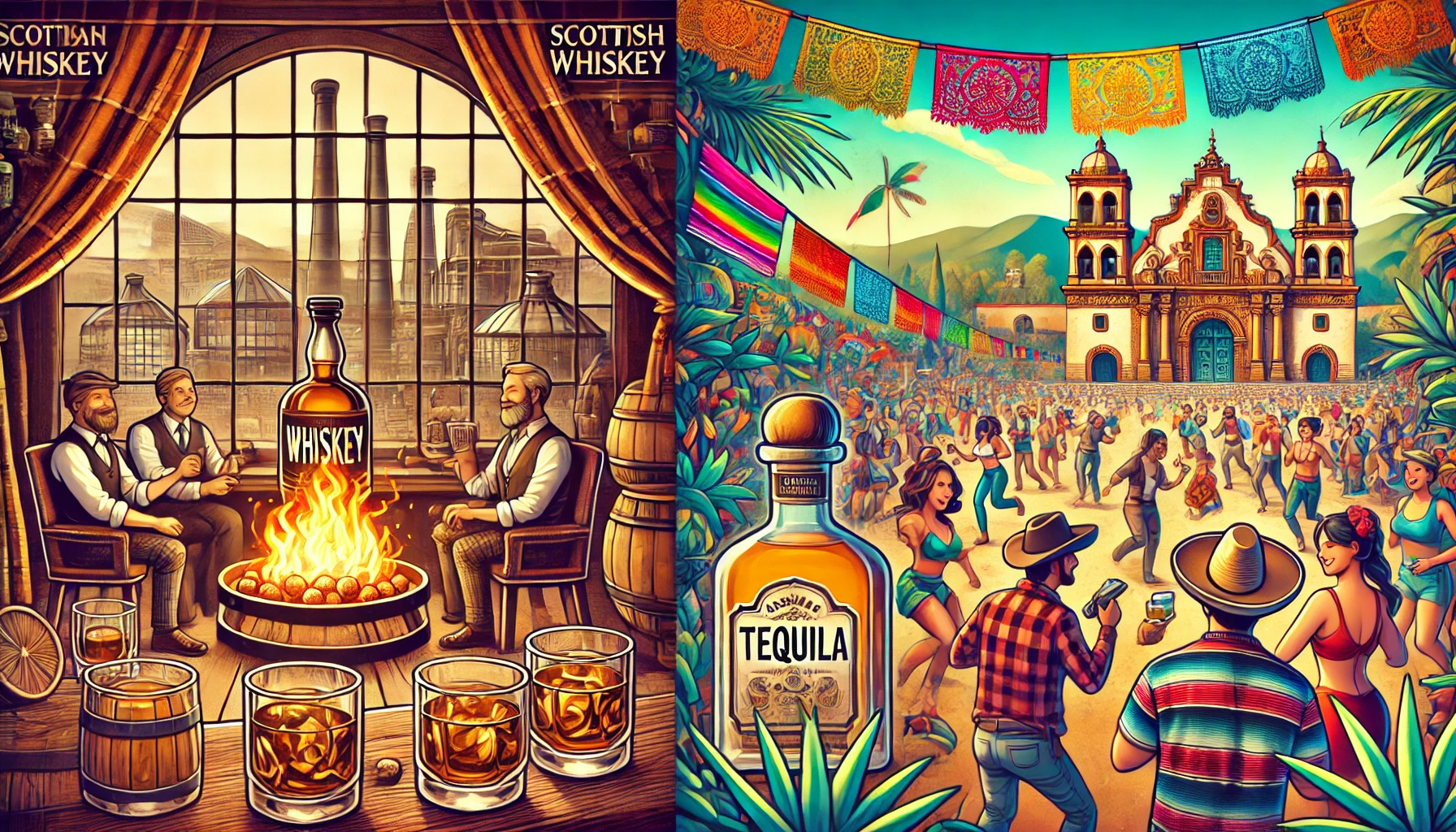 A comparison between whiskey and tequila cultures. On the left, show a traditional Scottish whiskey scene with a distillery and people enjoying whiskey by a fireplace in a cozy bar, symbolizing whiskey culture. On the right, depict a vibrant Mexican scene with people enjoying tequila at a lively outdoor festival, showcasing the Mexican tequila culture. Each side should emphasize the contrasting atmospheres, with warm and rustic for whiskey, and colorful and festive for tequila.