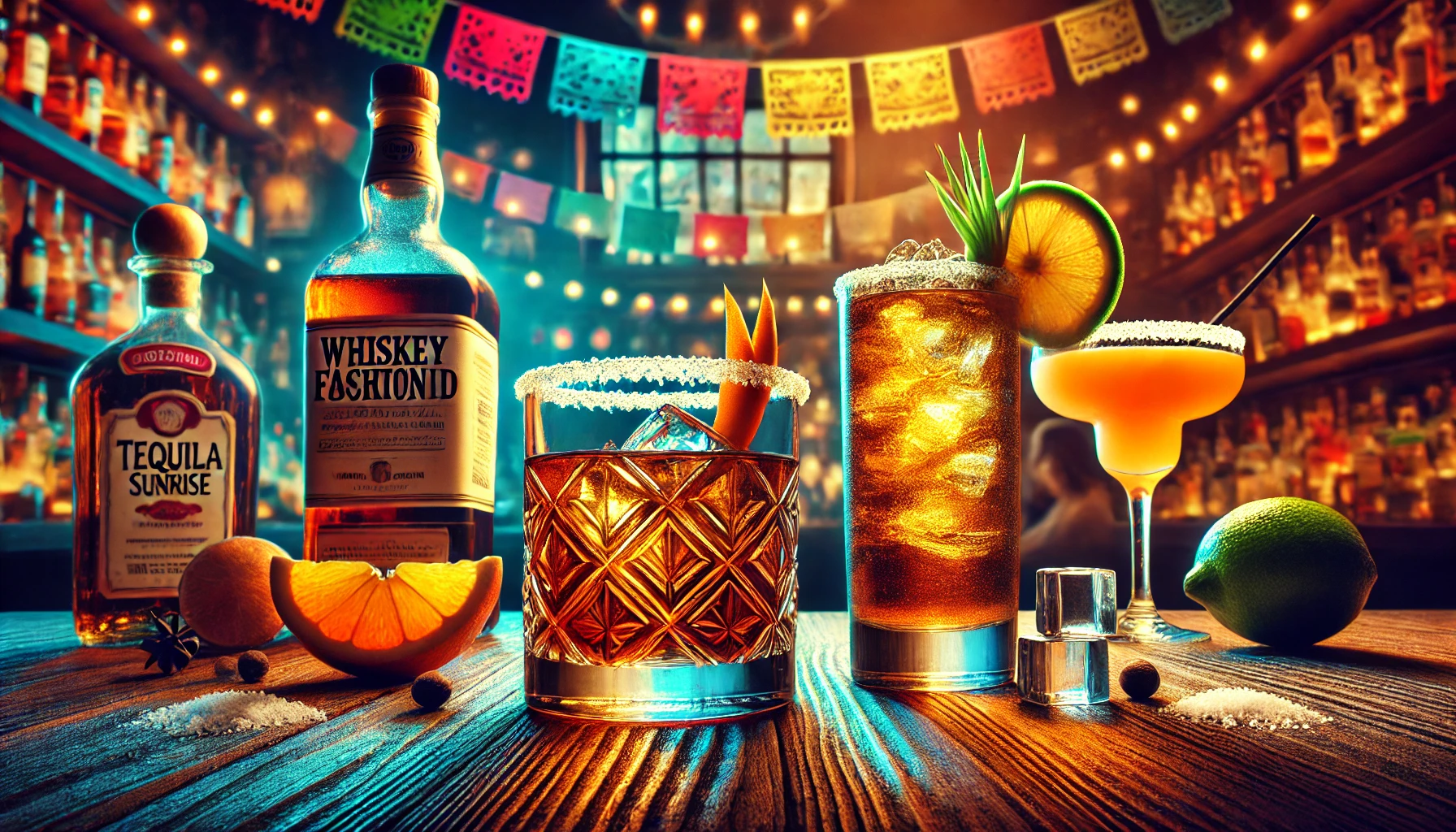 A vibrant scene showing whiskey and tequila cocktails. On the left, a whiskey cocktail such as an Old Fashioned with a garnish of orange peel and a whiskey sour, with a background of a classy bar. On the right, display a tequila-based Margarita with salt on the rim and a Tequila Sunrise cocktail, with a festive Mexican-themed background. The lighting should emphasize the distinct atmosphere for each side, representing whiskey and tequila cocktail cultures.