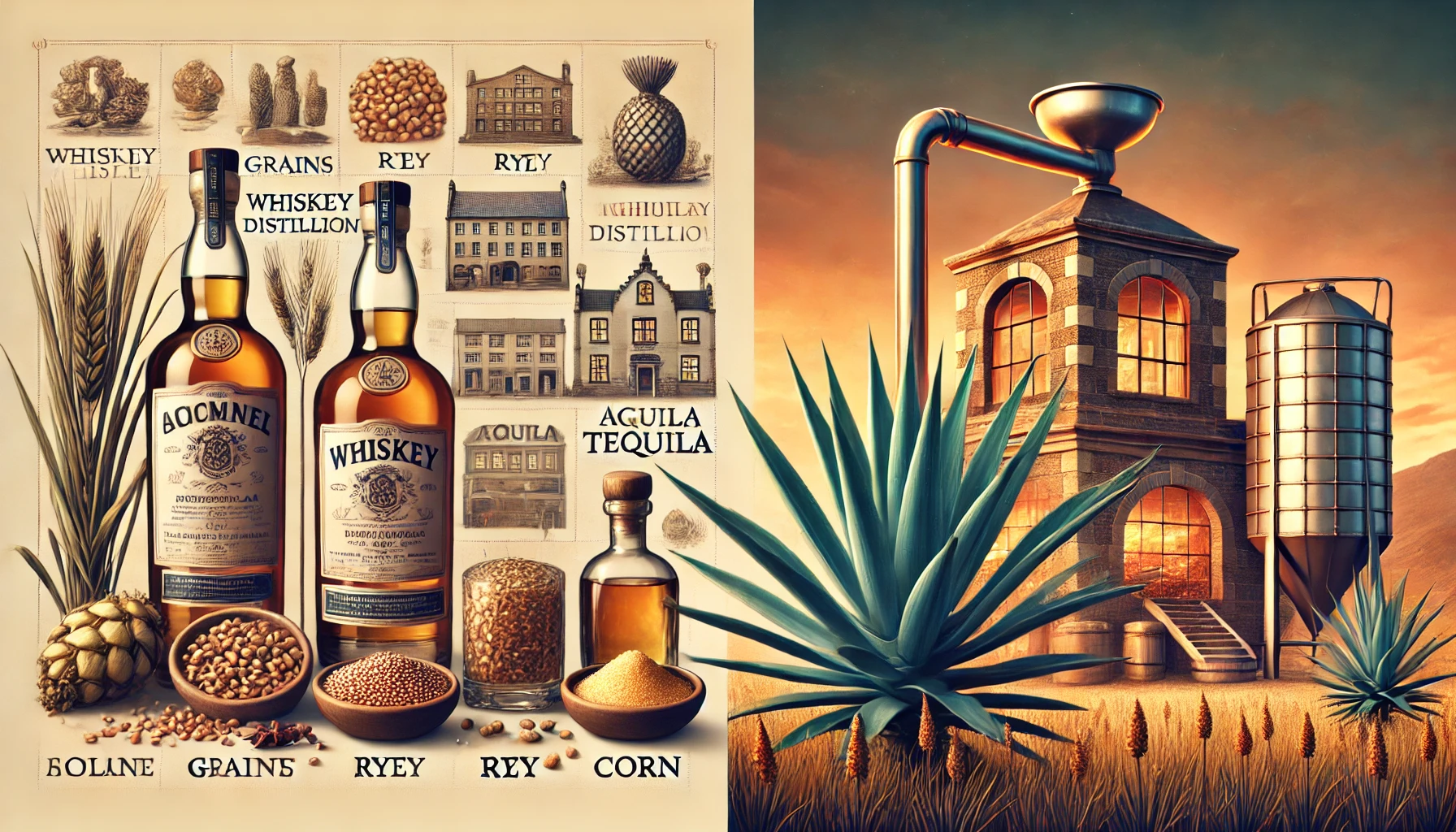 A detailed comparison of whiskey and tequila ingredients and production methods. On the left side of the image, show ingredients for whiskey, including grains like barley, rye, and corn, and a whiskey distillation process with copper stills. On the right side, display the blue agave plant and a traditional tequila distillery scene, highlighting the agave piña being roasted. The background should feature a subtle division between a distillery in Scotland and one in Mexico, with warm lighting to emphasize the artisanal process.