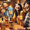 A cheerful group of Japanese people enjoying Koshu whiskey at an informal gathering. They are laughing and clinking glasses, with a variety of whiskey drinks on the table in front of them, including neat pours and highballs. The setting is cozy and warm, with soft lighting and a relaxed, joyful atmosphere. Bottles of Koshu whiskey are visible on the table.