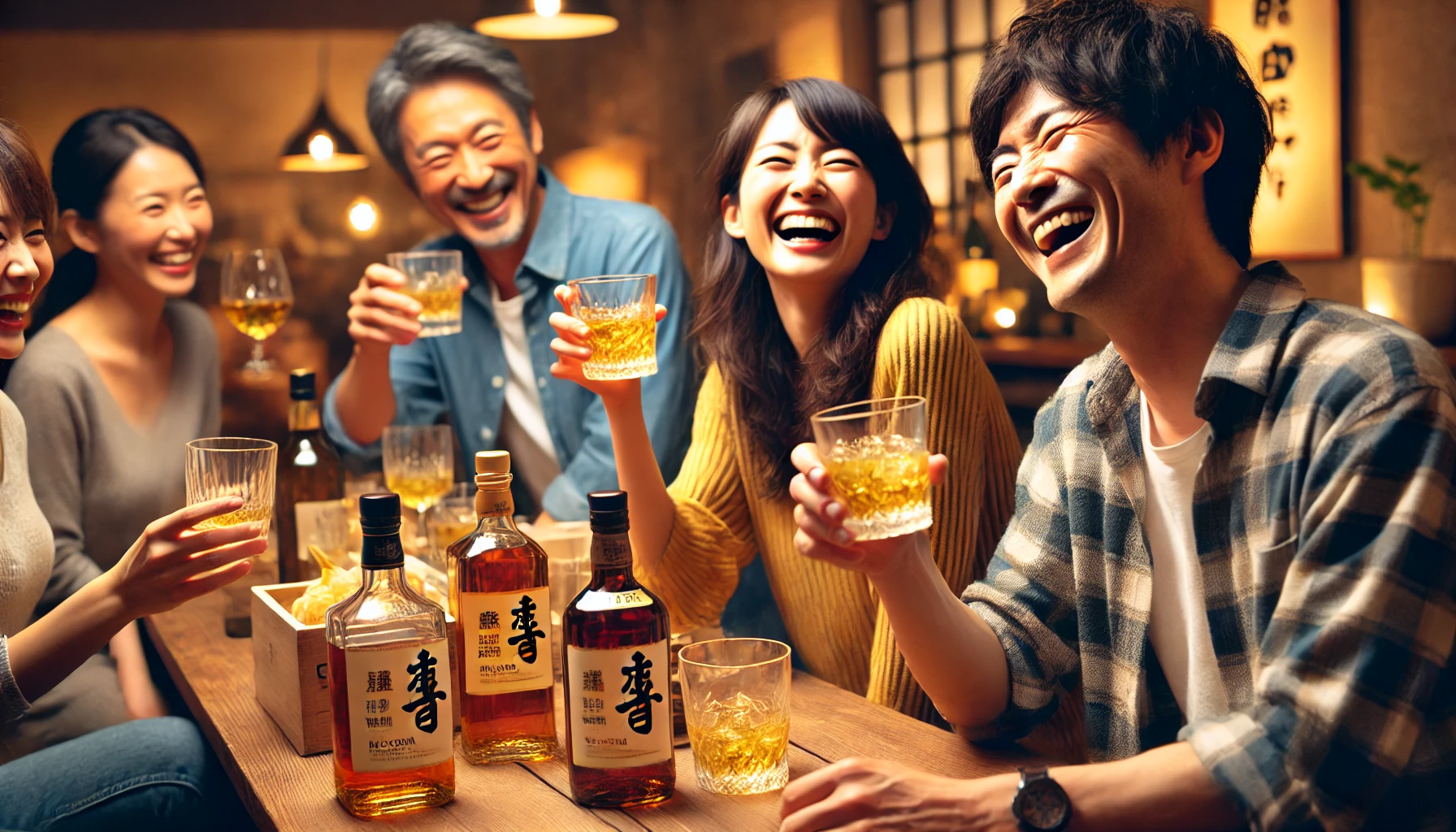 A cheerful group of Japanese people enjoying Koshu whiskey at an informal gathering. They are laughing and clinking glasses, with a variety of whiskey drinks on the table in front of them, including neat pours and highballs. The setting is cozy and warm, with soft lighting and a relaxed, joyful atmosphere. Bottles of Koshu whiskey are visible on the table.