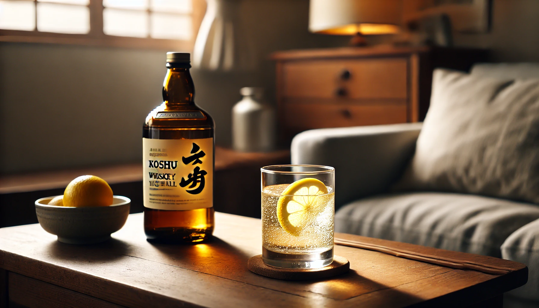 A cozy scene of a Japanese whiskey highball made with Koshu whiskey, served with soda water and a lemon slice. The drink is placed on a wooden table in a relaxed, minimalist home setting. Soft, natural light comes through a nearby window, casting a warm glow on the highball glass, which highlights the golden color of the whiskey. In the background, a simple bottle of Koshu whiskey is visible.