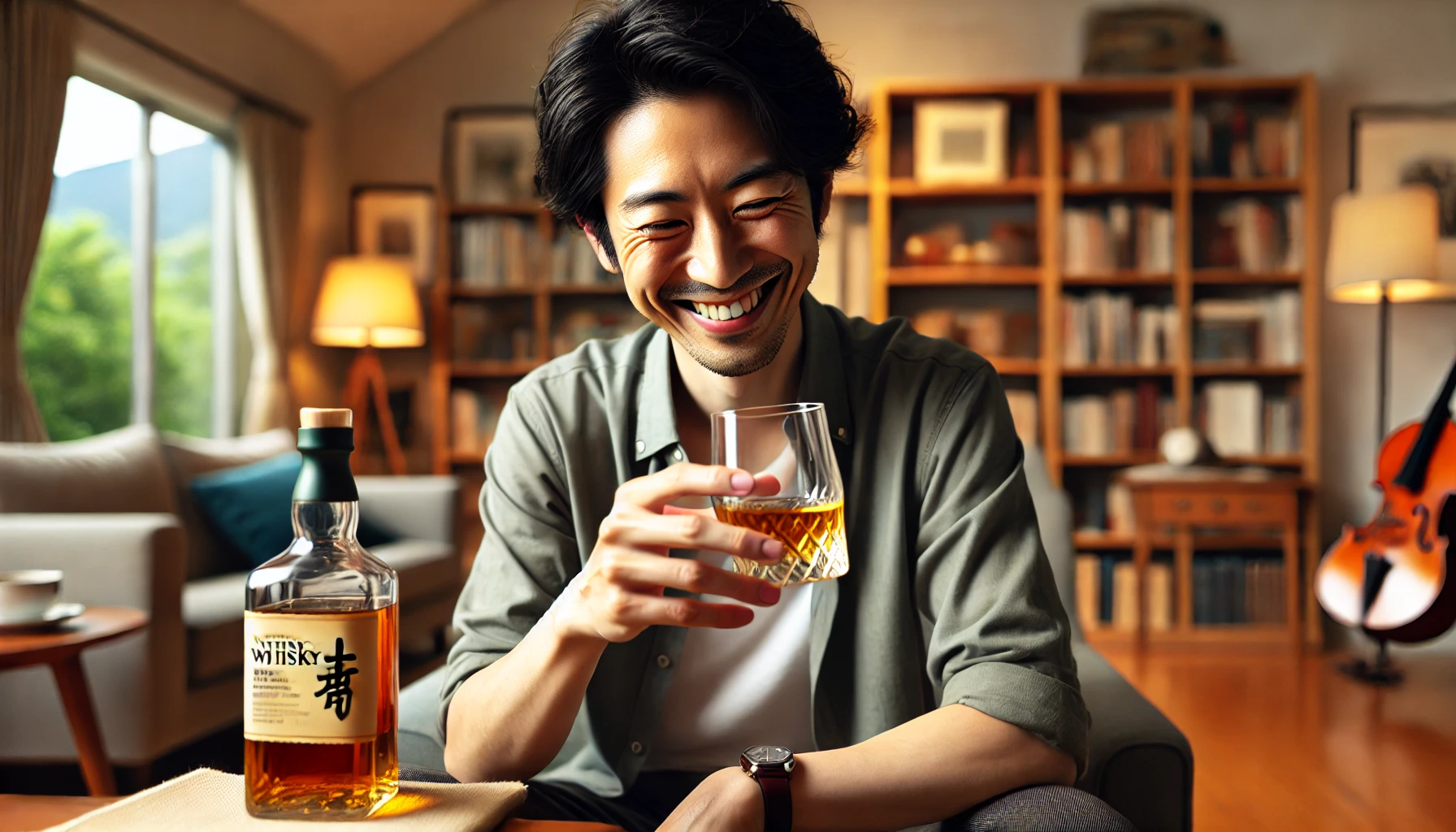 A whisky connoisseur happily sipping a glass of whisky at home, clearly enjoying the moment. The background shows a cozy, well-lit living room with bookshelves and a comfortable chair, indicating a sense of relaxation and contentment. The person appears to be Japanese and smiling subtly as they appreciate the drink. The bottle of whisky is nearby, showing a sense of satisfaction with the choice. The mood is calm, reflective, and joyful.