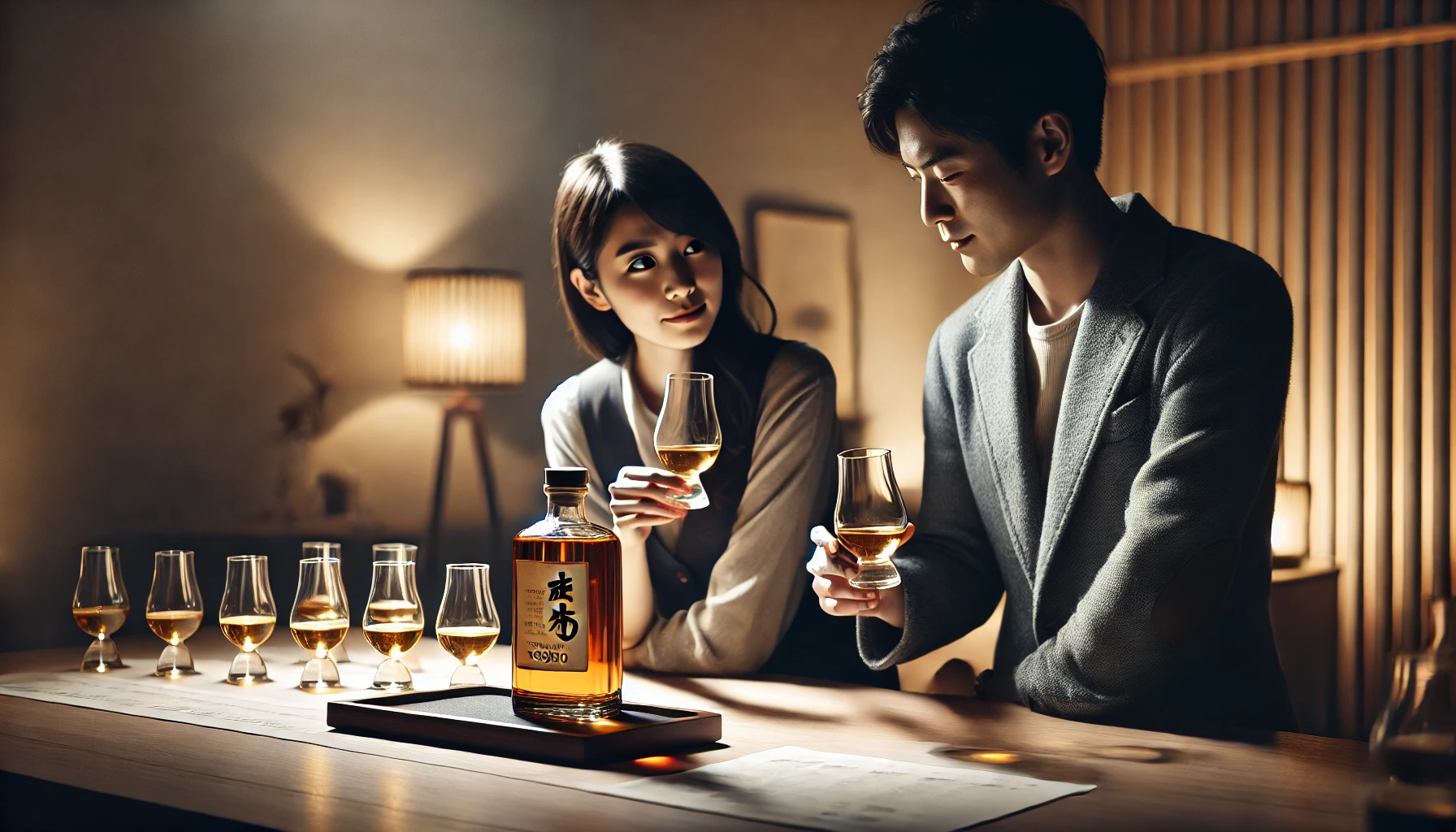 A scene of people discussing and reviewing a bottle of Japanese whiskey made in Koshu. The setting is indoors in a modern, minimalistic tasting room with soft lighting. Two Japanese individuals, a man and a woman, are holding glasses of whiskey while exchanging opinions. The bottle of whiskey is placed on the table between them.