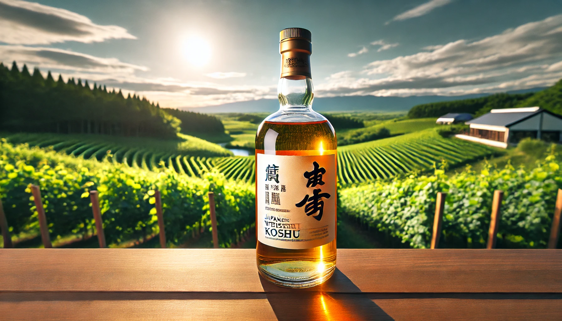 A landscape shot of a bottle of Japanese whiskey made in Koshu, featuring a clear glass bottle with a label, set in front of lush green vineyards under a bright sky. The whiskey bottle casts a soft shadow and the sunlight highlights the golden amber color of the whiskey, creating a light, refreshing atmosphere.