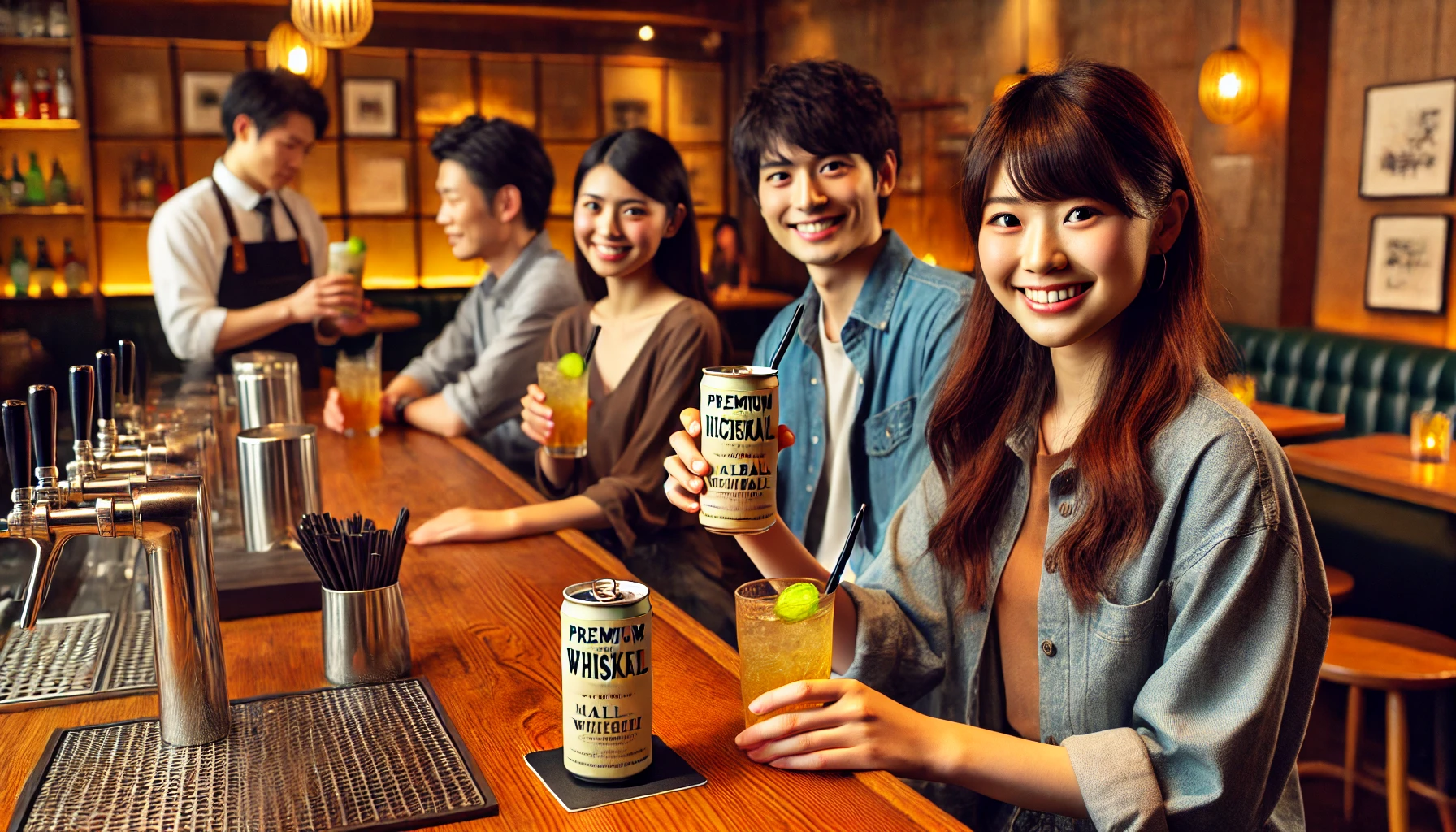 A premium canned highball made with malt whiskey, enjoyed in a trendy Japanese bar setting. The scene shows a diverse group of young Japanese people enjoying the drink together. They are casually dressed and smiling, with a bartender in the background preparing more drinks. The bar has modern, wooden décor and warm lighting, creating a cozy and social atmosphere.