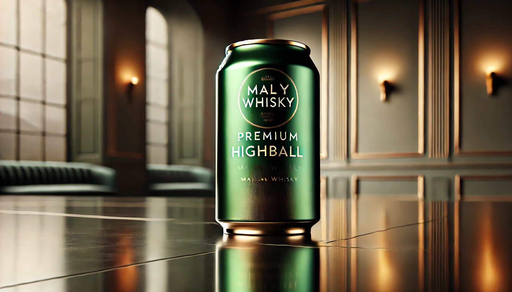 A close-up shot of a premium metallic green highball can made with malt whisky. The can is sleek and modern, with a reflective surface. The branding on the can emphasizes luxury and quality. The can is placed against a neutral, elegant background with soft lighting that highlights the metallic green sheen. The design of the can is sophisticated, appealing to both whisky enthusiasts and casual drinkers.