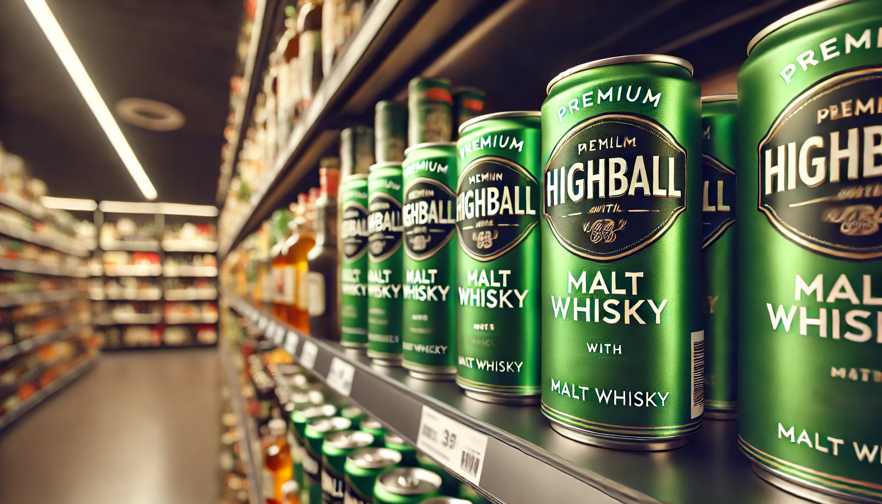 A premium metallic green highball can made with malt whisky, displayed on a store shelf. The shelf is well-stocked, and the can stands out with its shiny green design among other beverages. Soft lighting highlights the product. The scene shows a busy, well-organized store aisle, with a focus on the green highball can to suggest its popularity.