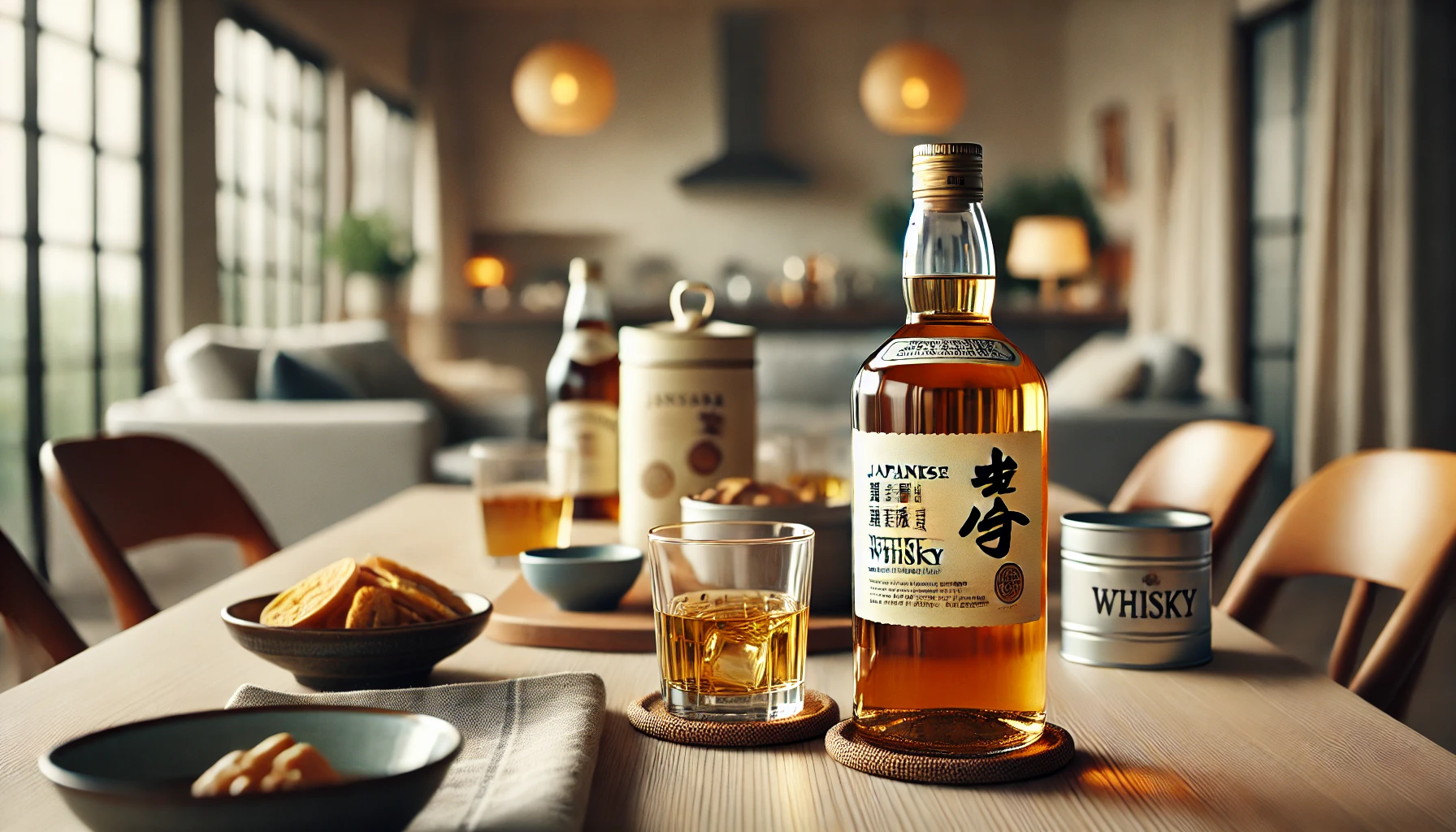 A close-up image of a bottle of Japanese whisky, styled as affordable yet popular. The whisky is placed on a casual dining table with snacks, indicating it’s a drink for everyday occasions. The atmosphere is light, casual, and inviting, with a background suggesting a home or a small gathering of friends. The focus is on the whisky bottle, with a subtle message of responsible consumption. A neutral, modern setting without specific branding. The mood is friendly and sociable.