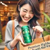 A happy Japanese person holding a premium green-colored can of highball made with malt whiskey, placing it into a bag. The setting is a celebratory scene, with the person smiling and clearly excited about purchasing the rare and premium product. The person is outdoors, near a store or shopping area, and the atmosphere is joyful and lively.