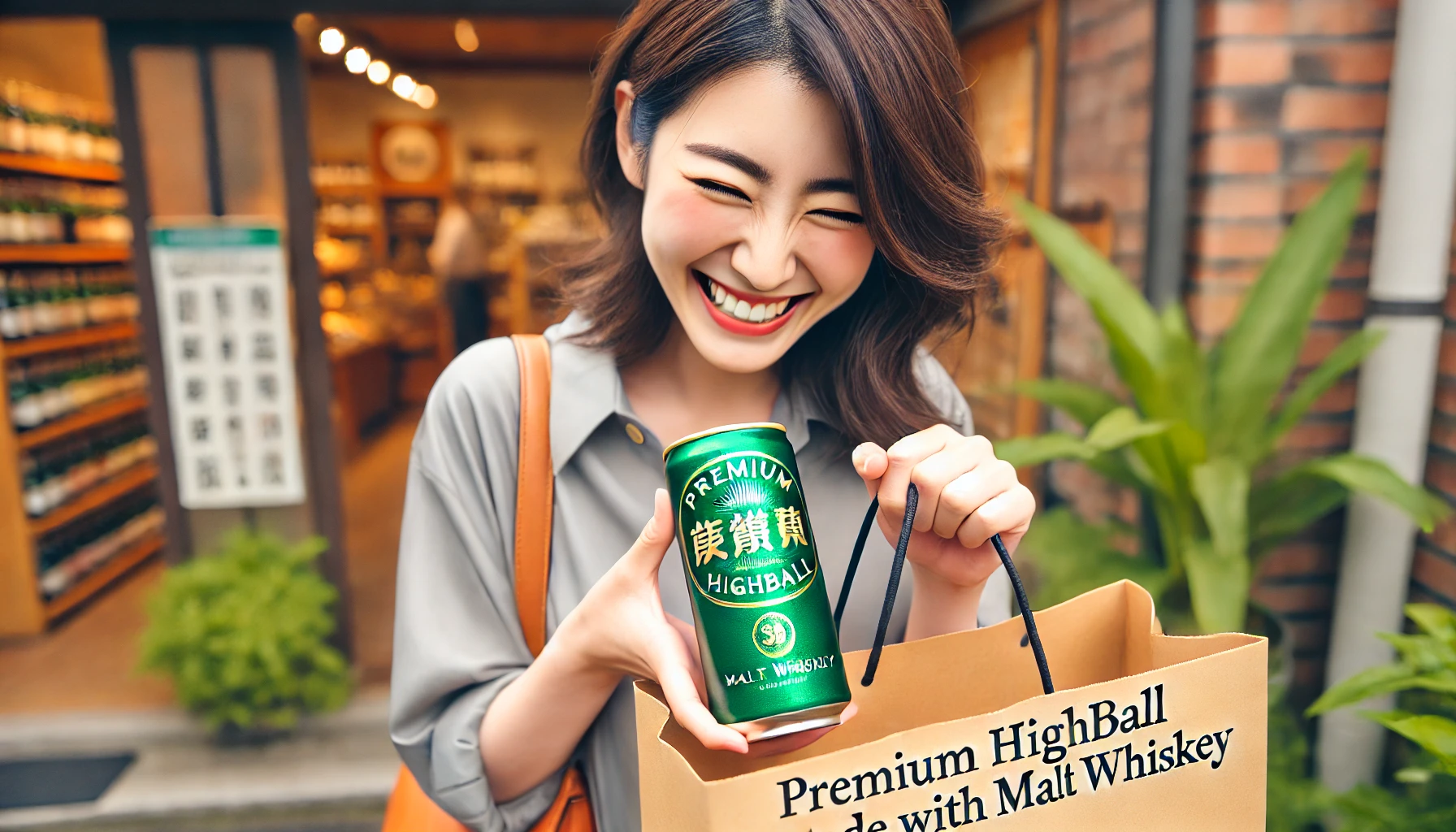 A happy Japanese person holding a premium green-colored can of highball made with malt whiskey, placing it into a bag. The setting is a celebratory scene, with the person smiling and clearly excited about purchasing the rare and premium product. The person is outdoors, near a store or shopping area, and the atmosphere is joyful and lively.