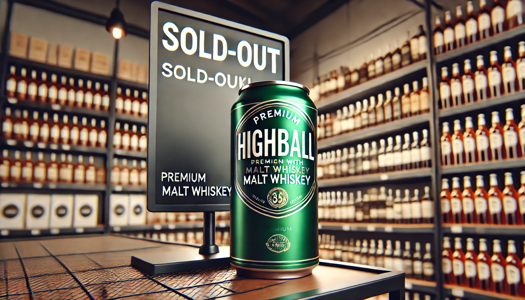 A premium green-colored can of highball made with malt whiskey displayed with a sold-out sign. The can is placed on a shelf or in a store, but the shelf is empty except for the sign indicating that the product is difficult to find or out of stock. The background suggests scarcity and exclusivity, with other items also appearing sold out.