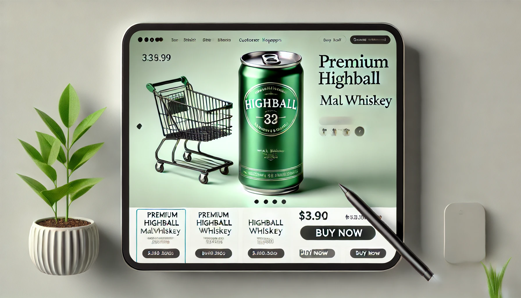 A premium green-colored can of highball made with malt whiskey being displayed on an online shopping website. The can is sleek, luxurious, and stands out against a clean, minimalistic background on the webpage. There are price tags, customer reviews, and a 'buy now' button visible, making it clear this is an e-commerce setting.