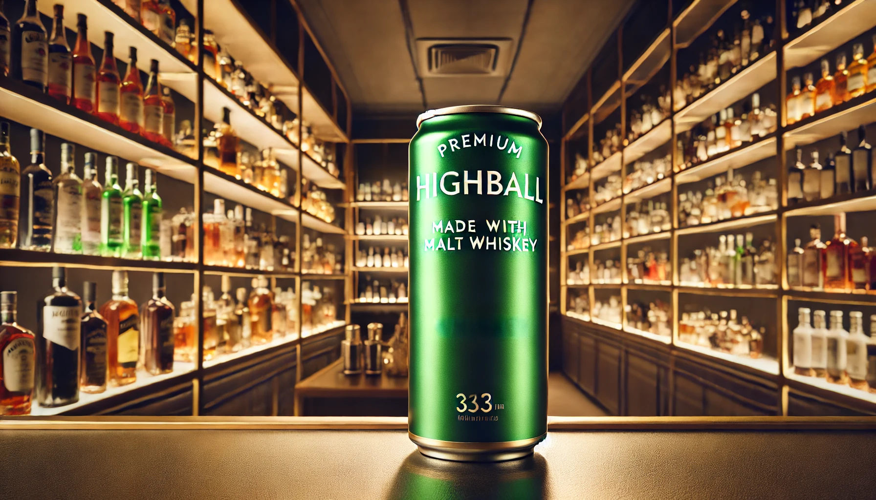 A premium metallic green-colored can of highball made with malt whiskey displayed in a chic, upscale liquor store. The shelves are lined with various high-end drinks, and the can stands out prominently. The lighting is elegant, highlighting the can's luxurious metallic finish.