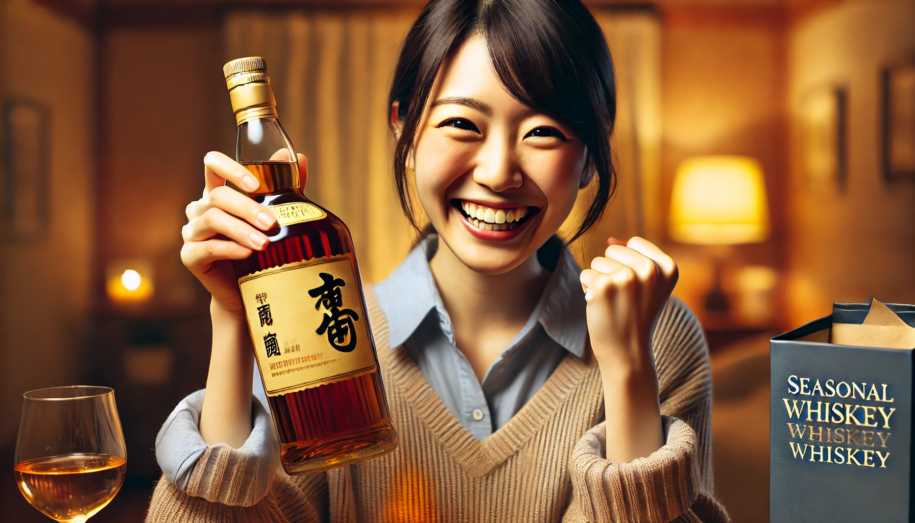 A happy Japanese person holding a bottle of seasonal, limited-release whiskey. They are smiling and celebrating, clearly excited about having successfully obtained the rare bottle. The background is a cozy home setting with warm lighting, giving a sense of achievement and satisfaction.