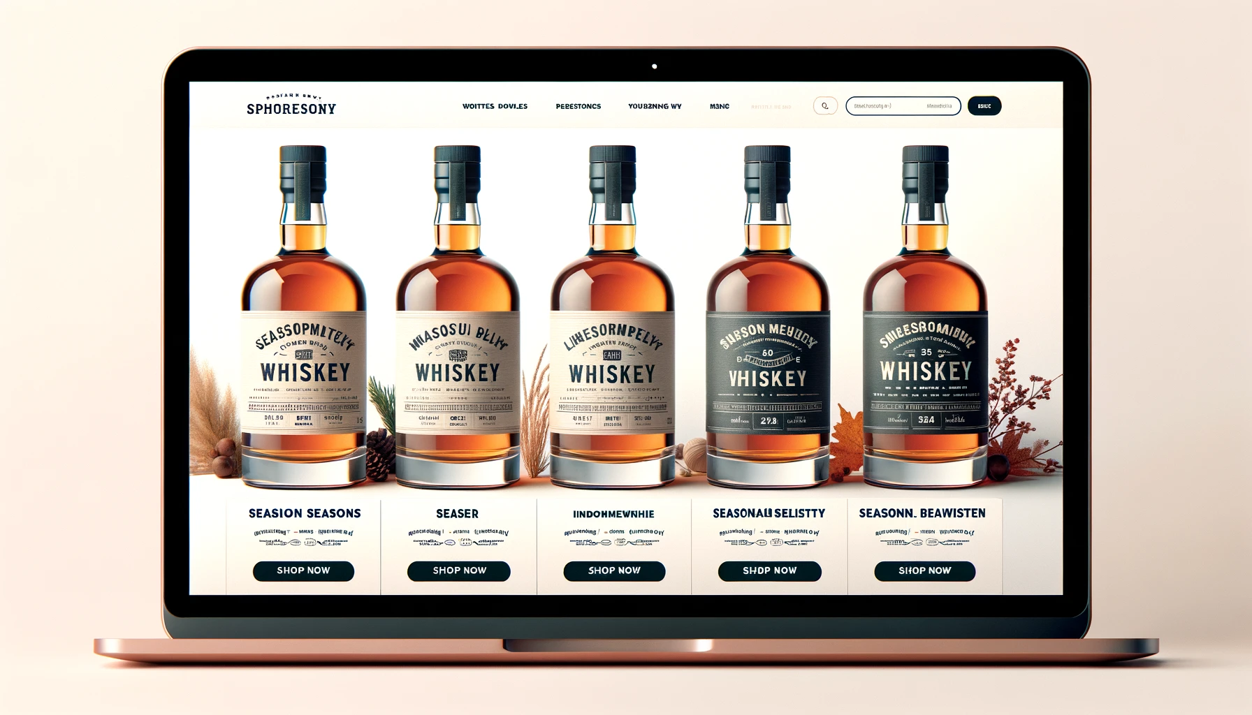 A clean and modern online shopping interface displaying seasonal, limited-release whiskey. The website showcases bottles representing different seasons, with crisp, high-quality images of whiskey bottles labeled with seasonal names. The design is user-friendly, with options for online purchase and shipping information clearly visible.