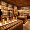 A sleek and modern whiskey store selling seasonal, limited-release whiskey. The atmosphere is warm, with wooden shelves displaying elegant bottles labeled with different seasons, such as spring, summer, autumn, and winter. The shop has soft lighting, a cozy yet upscale feel, and Japanese customers browsing the selection.