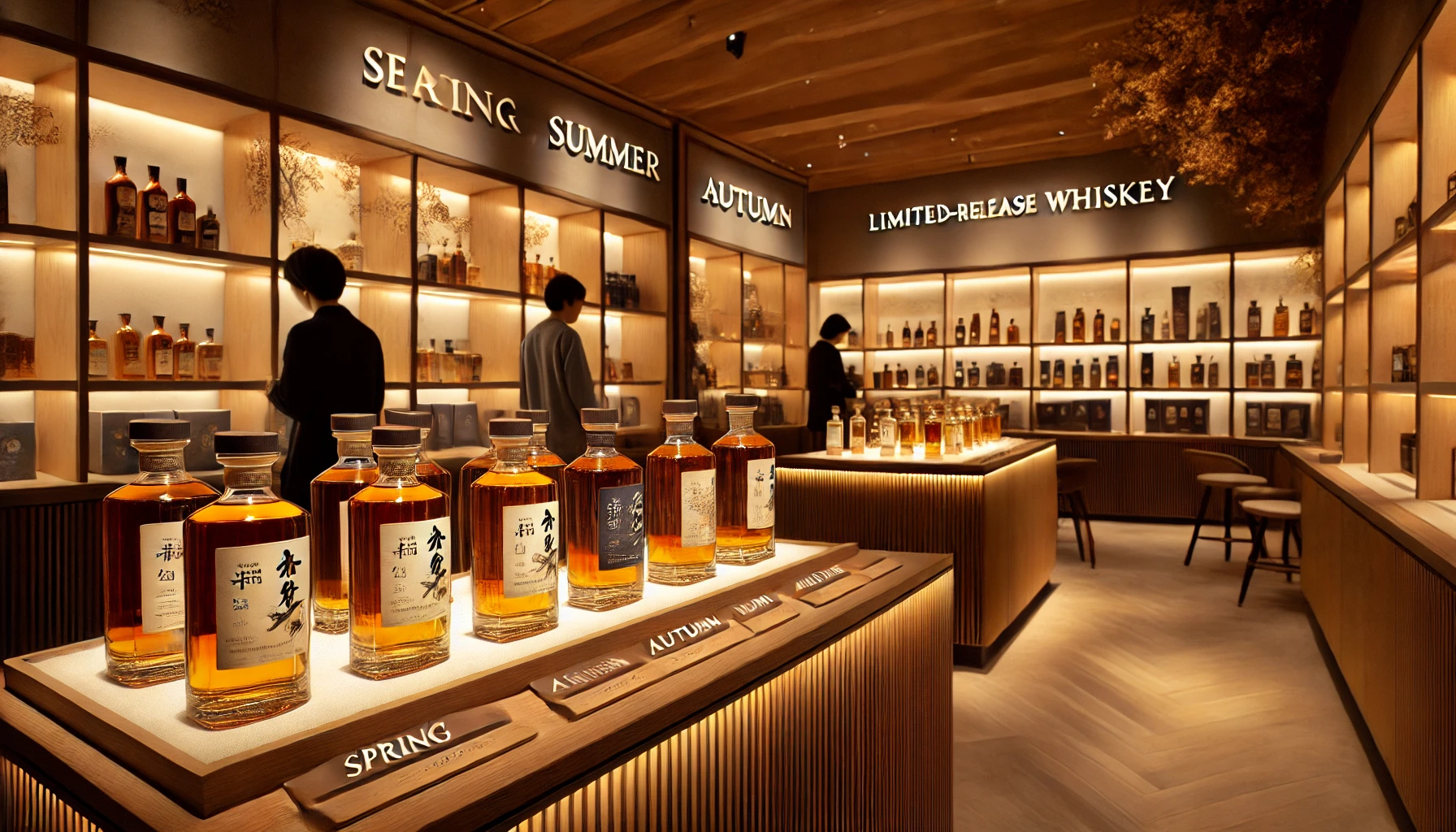 A sleek and modern whiskey store selling seasonal, limited-release whiskey. The atmosphere is warm, with wooden shelves displaying elegant bottles labeled with different seasons, such as spring, summer, autumn, and winter. The shop has soft lighting, a cozy yet upscale feel, and Japanese customers browsing the selection.