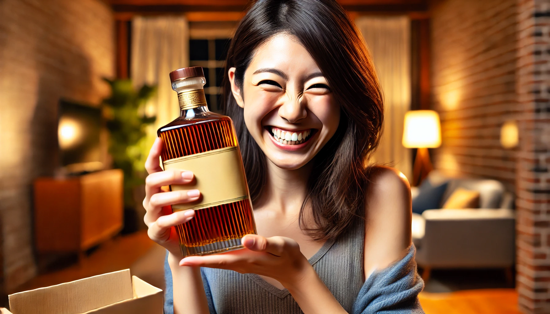 A happy person holding a newly purchased whiskey bottle, smiling and celebrating. The background is a modern, cozy home setting with warm lighting, and the whiskey bottle stands out with its sleek design. The person, who is Japanese, expresses joy and excitement, representing the satisfaction of owning a premium whiskey.