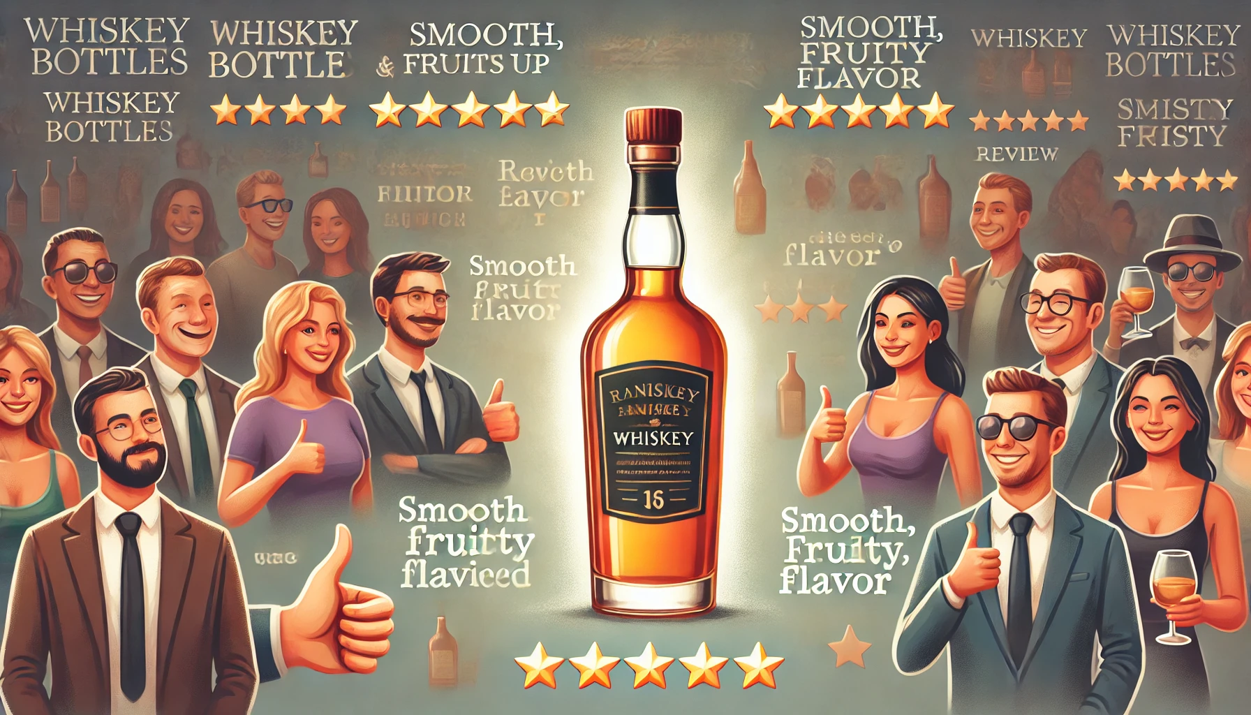 A review collage of whiskey bottles with diverse feedback from customers. The background has a rating scale, some people giving thumbs up and some neutral expressions. The whiskey bottle remains central with soft lighting around it, and quotes or icons representing the smooth, fruity flavor being praised or critiqued.